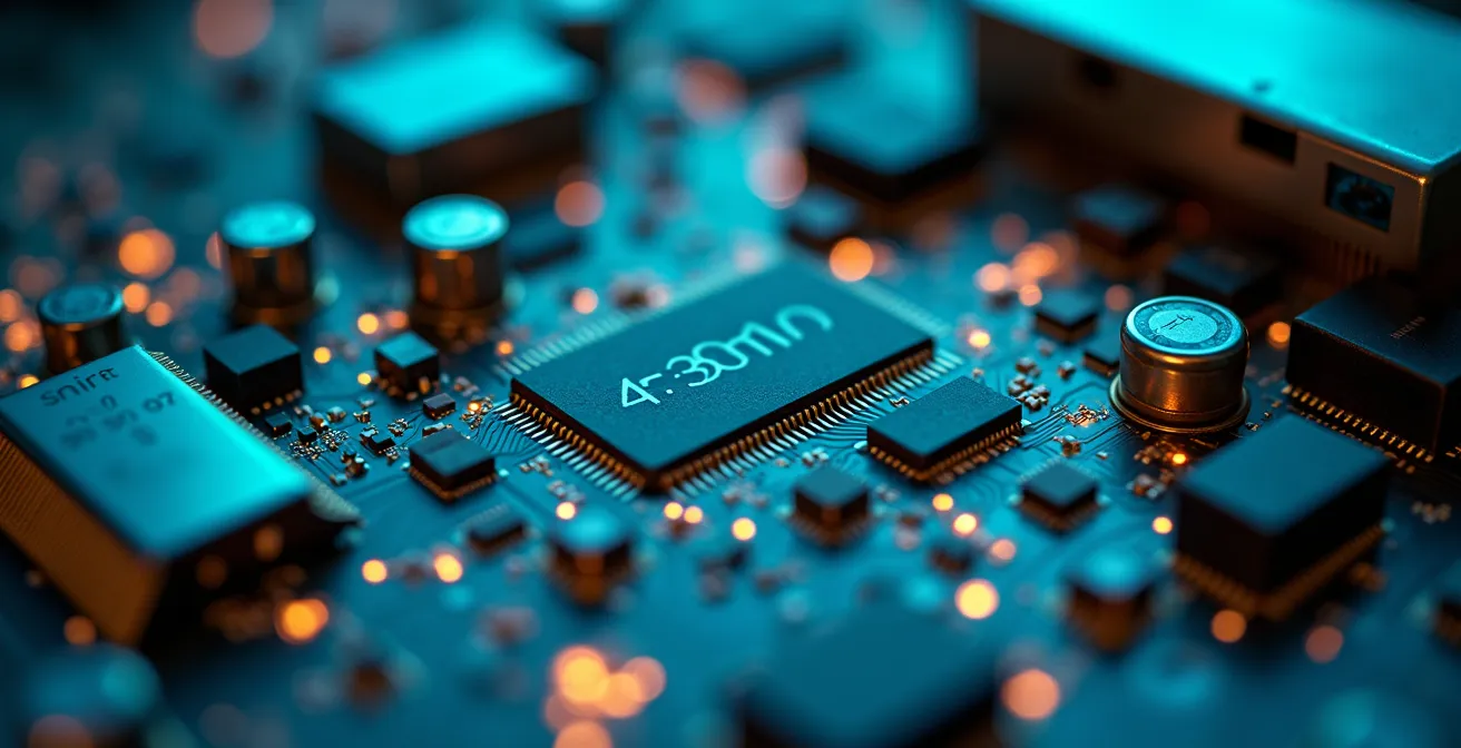 Makroaufnahme von Serverplatinen mit fließenden Datenströmen als Lichtspuren