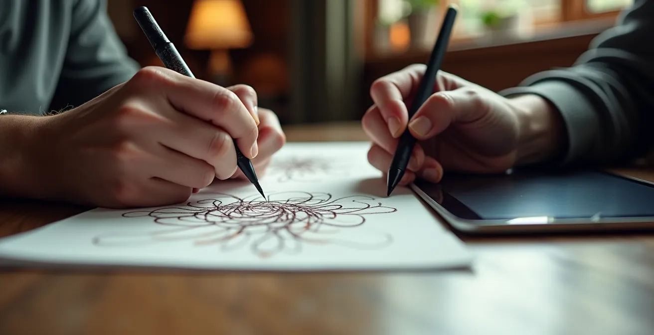 Nahaufnahme von Künstlerhänden, die zwischen digitalen und analogen Werkzeugen wechseln