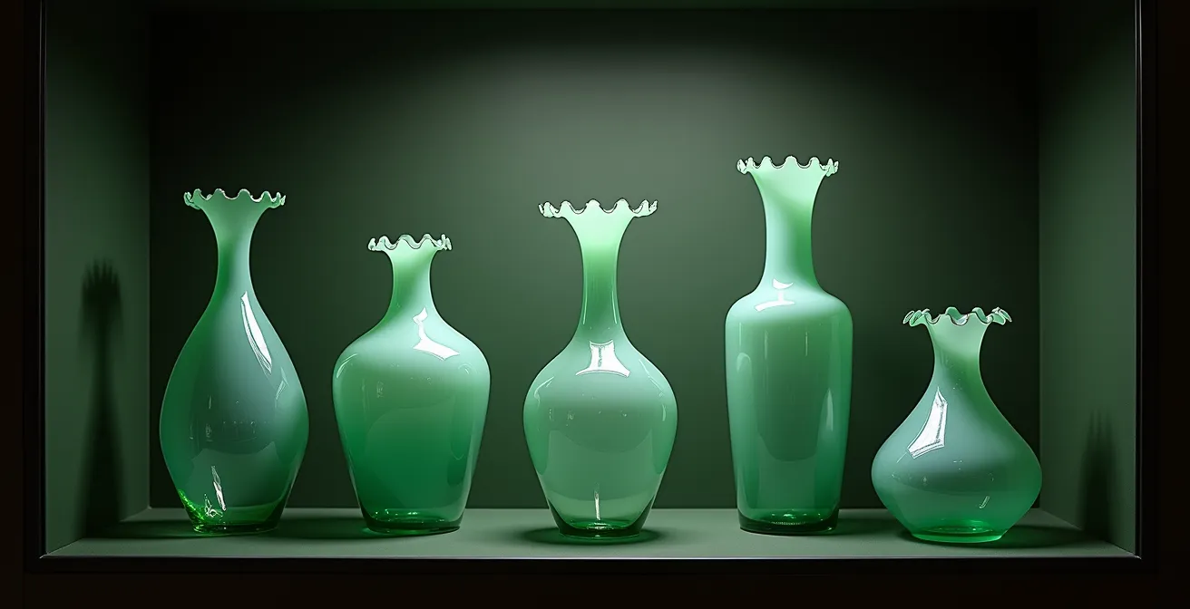 Historisches grünliches Waldglas in atmosphärischer Museumsbeleuchtung