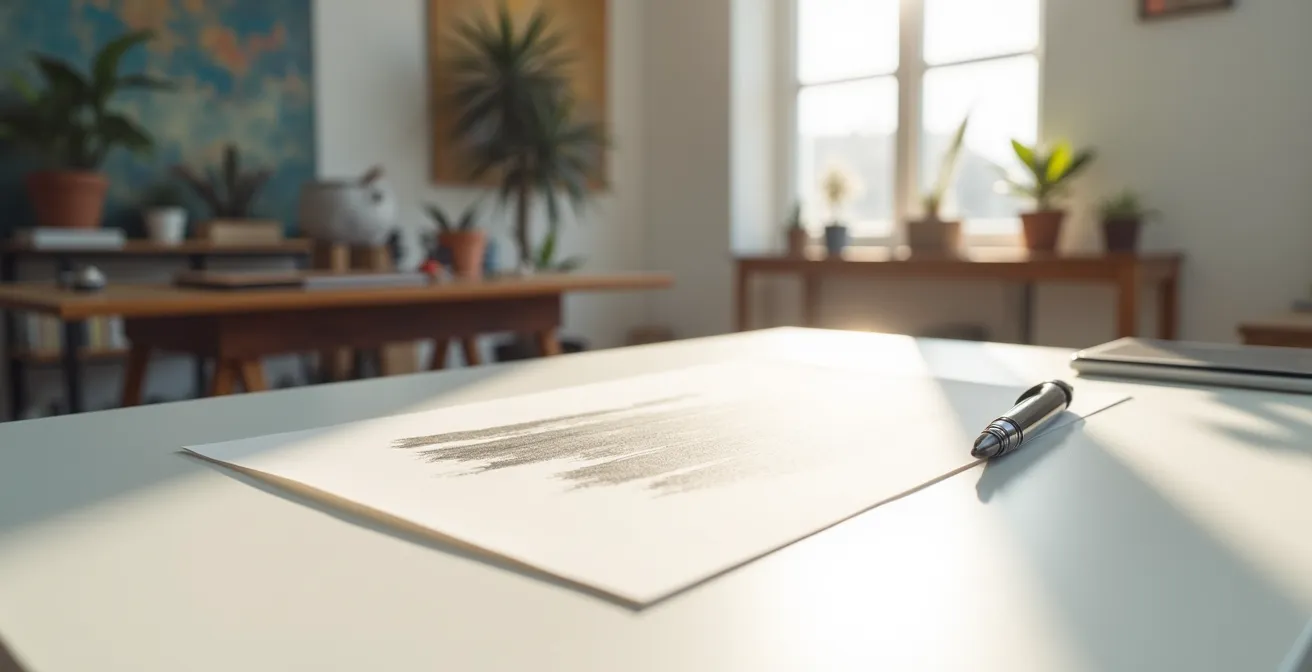 Minimalistischer Arbeitsplatz mit handgeschriebenem Künstlerstatement