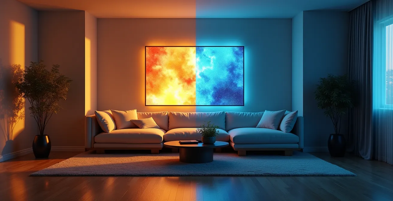 Digitales Kunstwerk mit automatischer Helligkeitsanpassung im Tag-Nacht-Verlauf