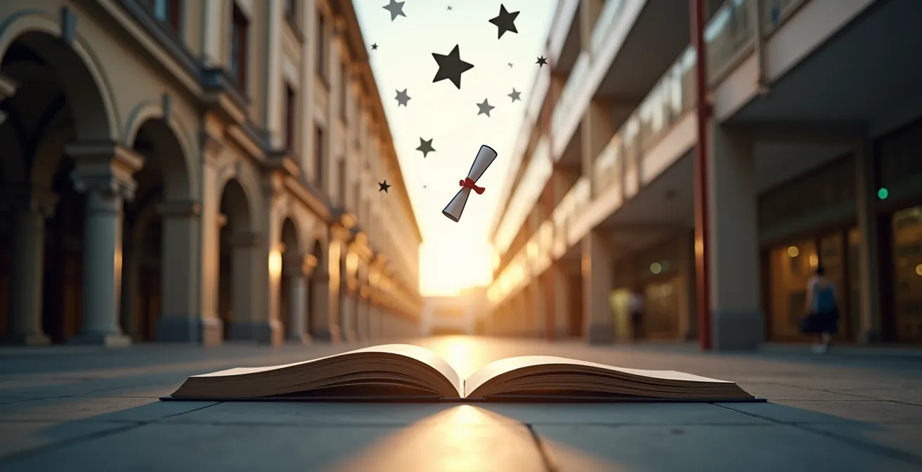 Eine symbolische Darstellung, die den klassischen Bildungsweg einer Universität mit modernen digitalen Lernplattformen verbindet.