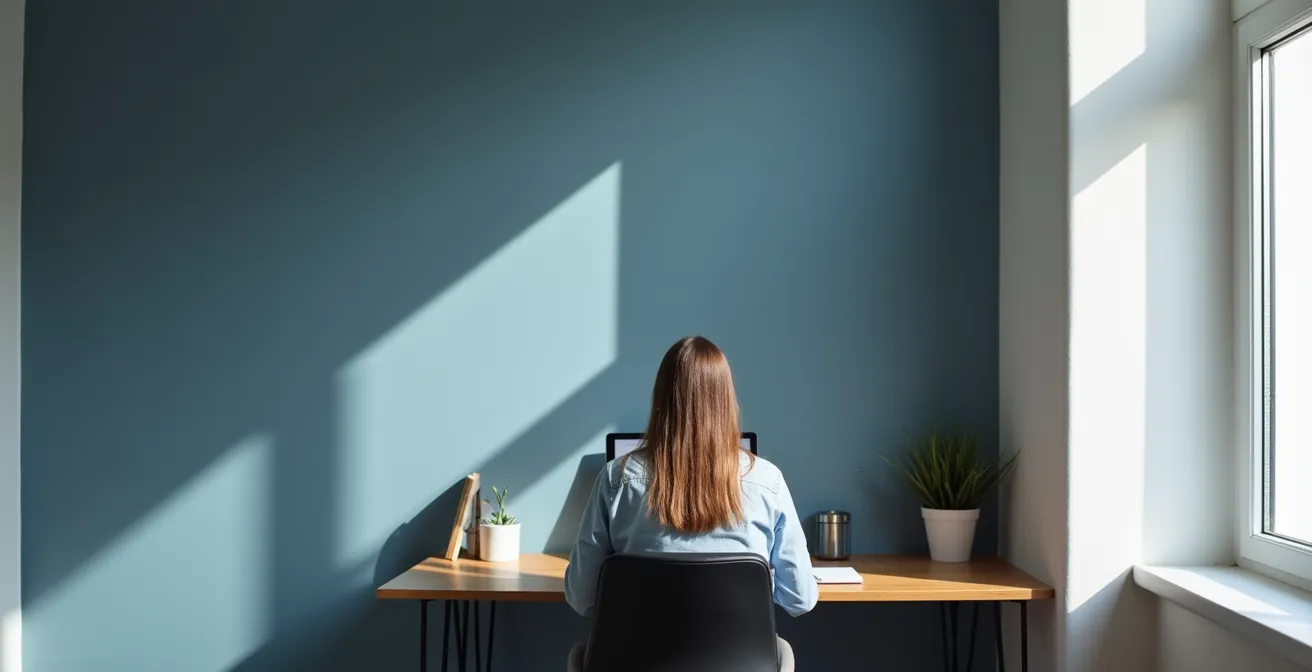 Home-Office mit gedämpfter graublauer Akzentwand für Fokusarbeit