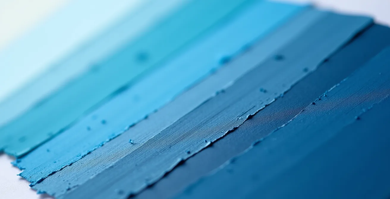 Verschiedene Blaunuancen von Taubenblau bis Saphirblau im modernen Büroraum