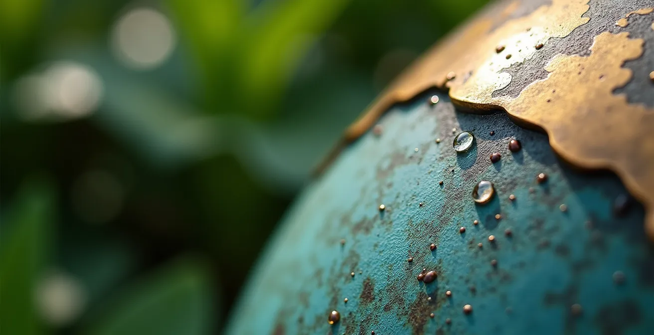 Nahaufnahme einer Bronzeskulptur mit natürlicher Patina im Garten