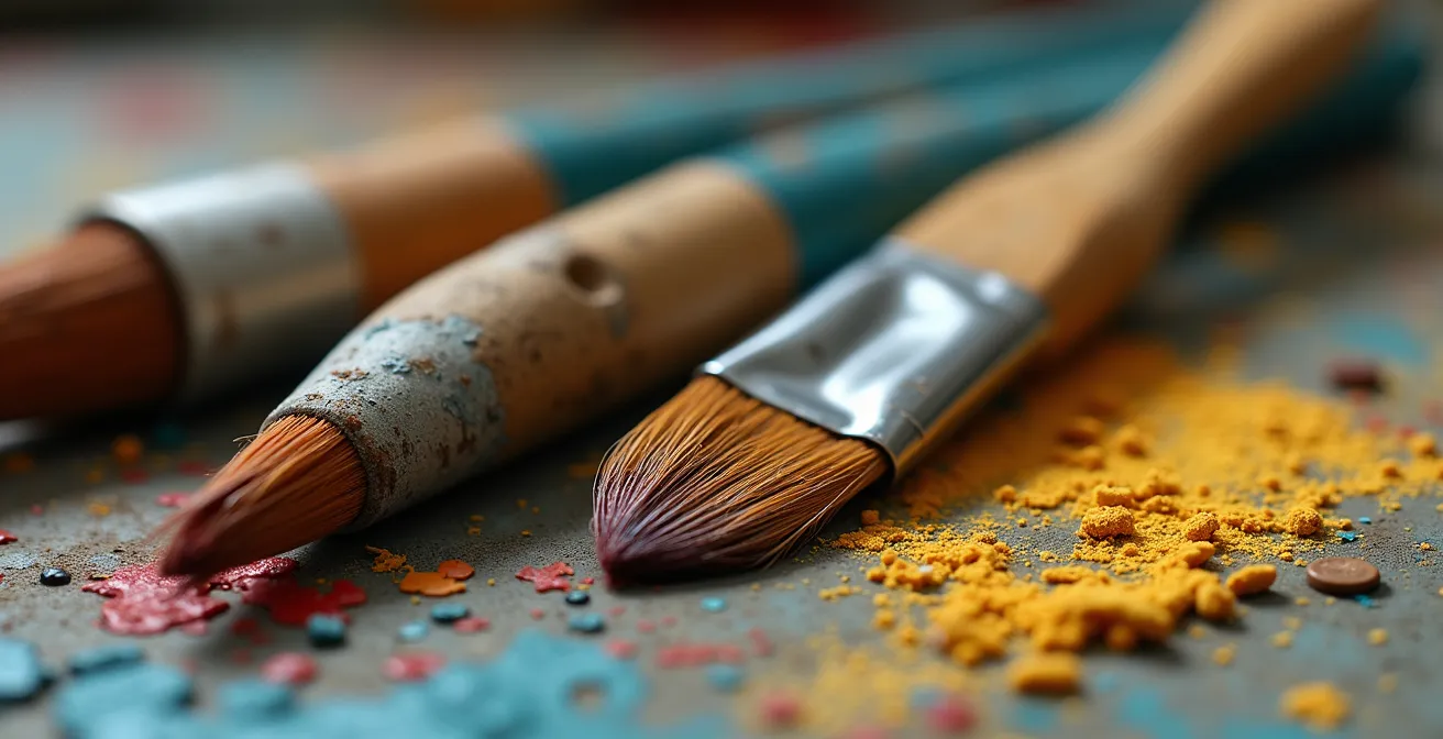 Makroaufnahme von Künstlermaterialien mit Spuren intensiver Nutzung