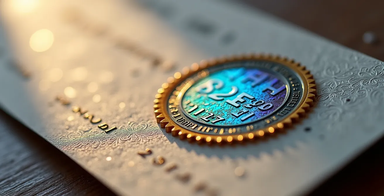 Makroaufnahme eines Echtheitszertifikats mit Hologramm und Wasserzeichen