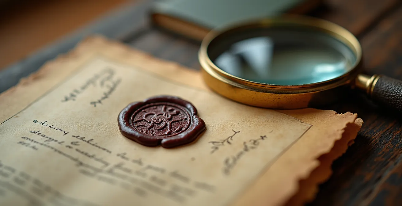 Makroaufnahme eines offiziellen Werkverzeichnisses mit Stempel und Siegellack