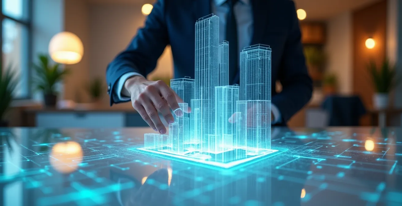 Interaktive 3D-Architekturvisualisierung auf einem großen Monitor, die in einem modernen Architekturbüro bearbeitet wird.