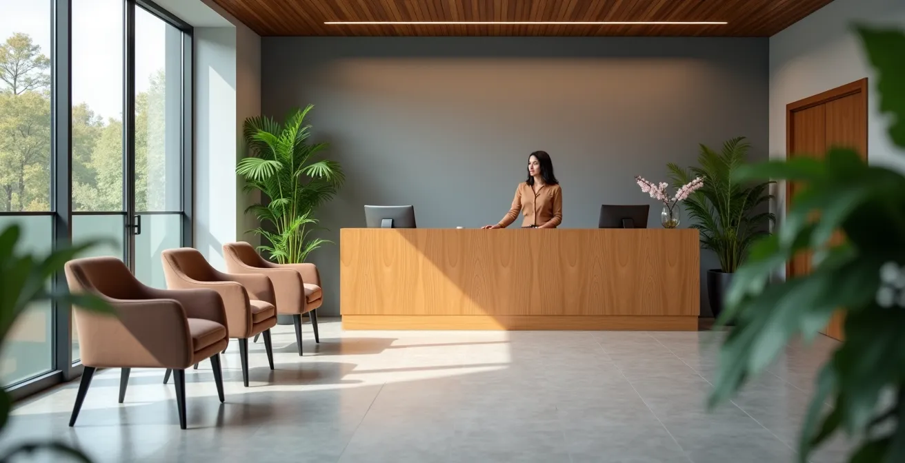 Harmonisch gestalteter Empfangsbereich mit ausgewogenen Farb- und Lichtkontrasten