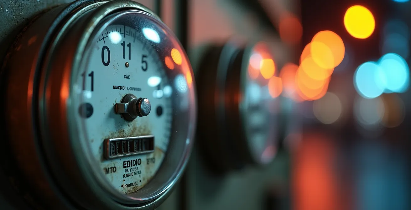 Makroaufnahme eines Stromzählers mit digitaler Kunstinstallation im Hintergrund