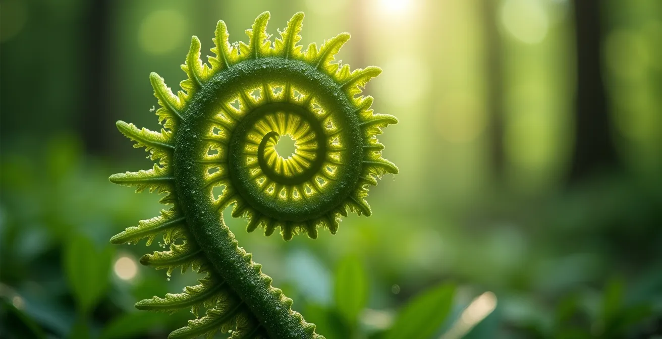 Makroaufnahme eines Farnblatts mit spiralförmigen fraktalen Mustern