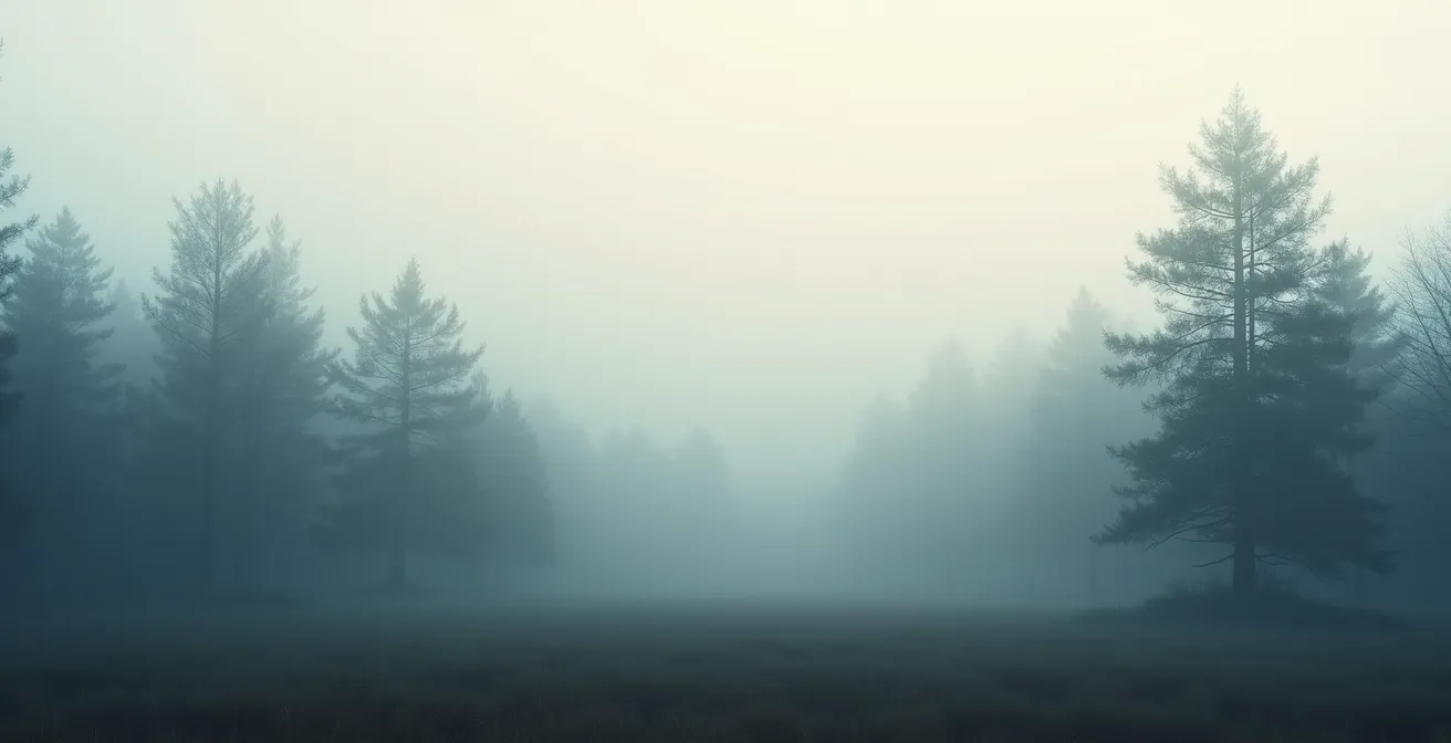 Minimalistische Waldszene mit geometrischen Baumsilhouetten im Nebel