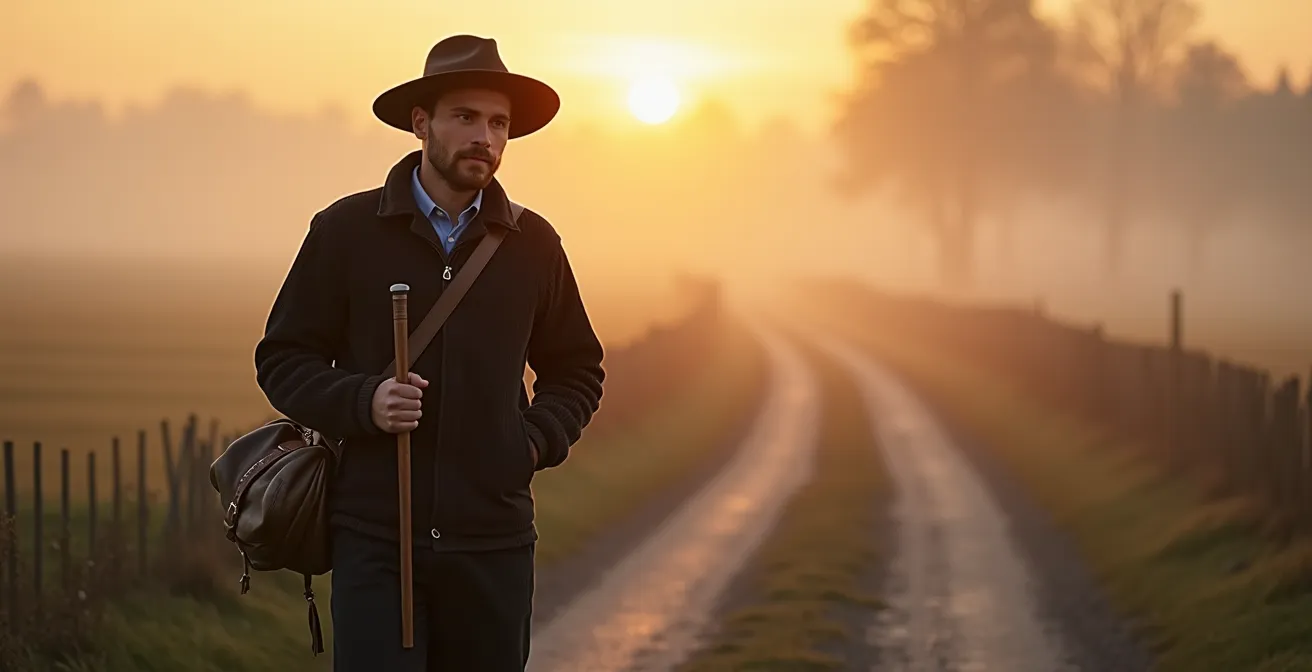 Wandergeselle in traditioneller Kluft mit Werkzeug auf Reisen