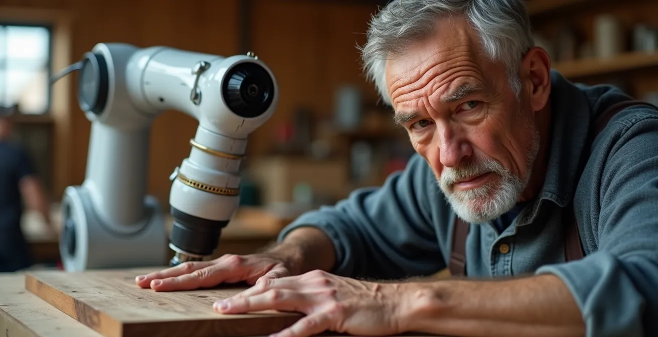 Handwerker arbeitet gemeinsam mit kollaborativem Roboter an Holzbearbeitung