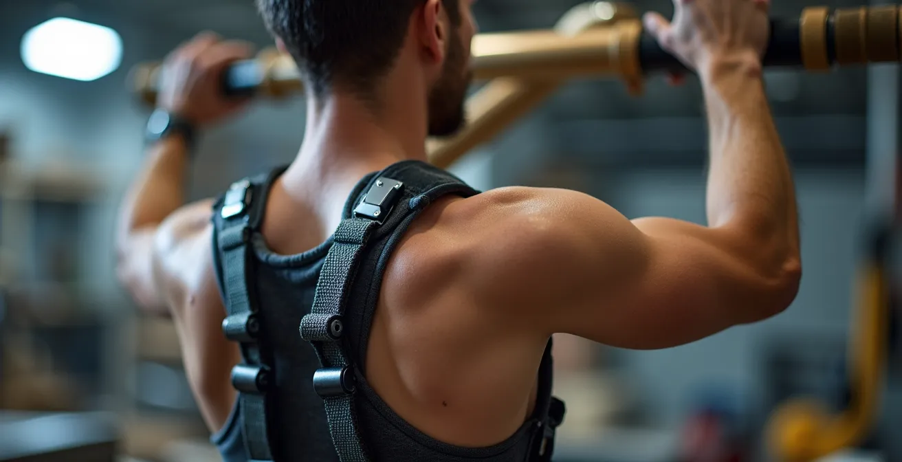 Handwerker mit Exoskelett bei ergonomischer Überkopfarbeit