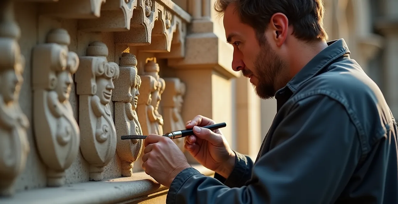 Restaurator arbeitet an historischer Kirchenfassade mit traditionellen Werkzeugen