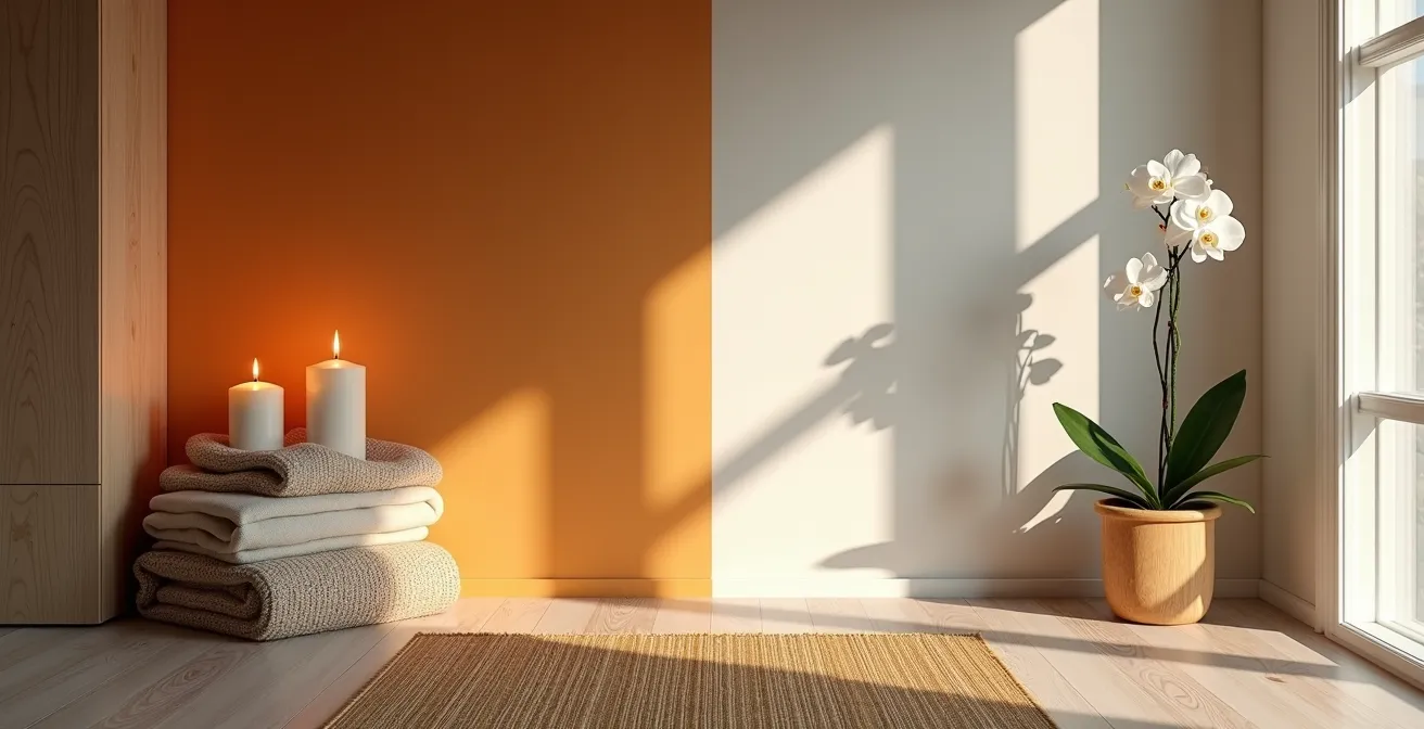 Geteilter Raum, der auf der einen Seite den warmen Hygge-Stil und auf der anderen Seite den minimalistischen Zen-Stil in einer deutschen Altbauwohnung zeigt.