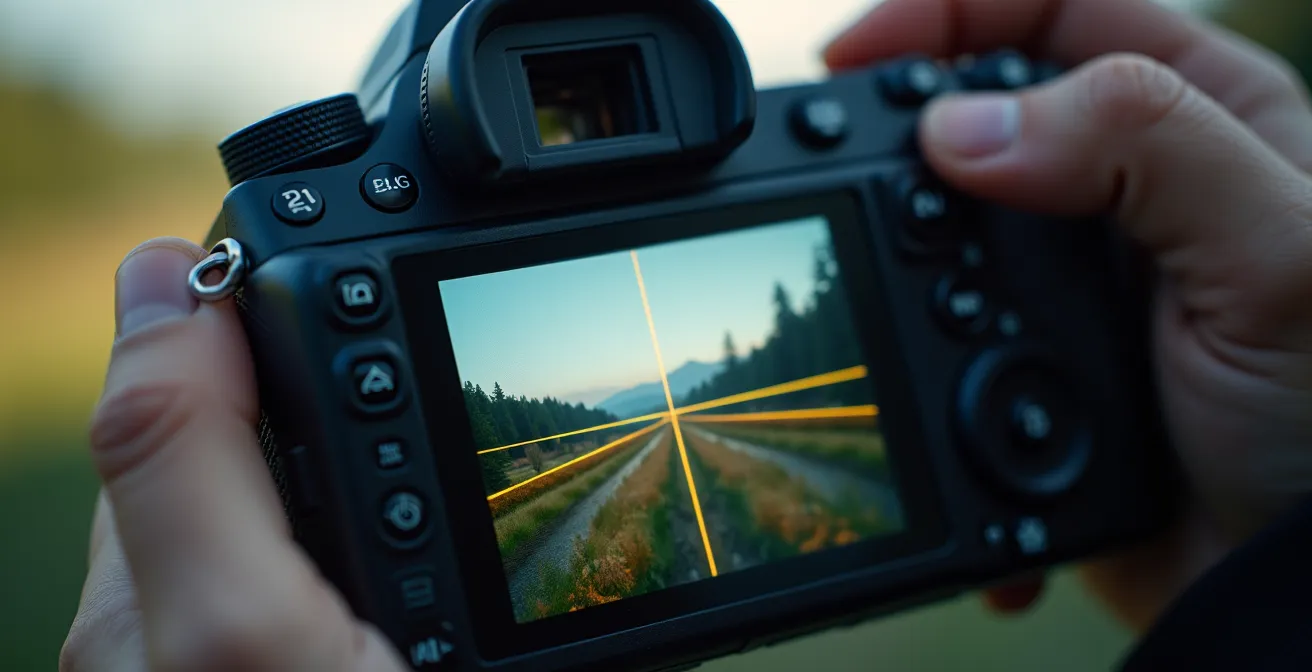 Makroaufnahme eines Kamera-Displays mit aktivierten Kompositionsrastern