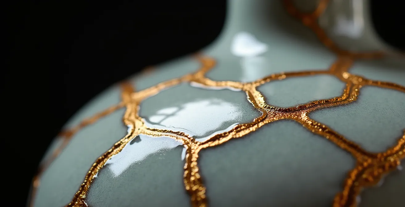 Nahaufnahme einer mit goldener Kintsugi-Technik reparierten Keramikschale