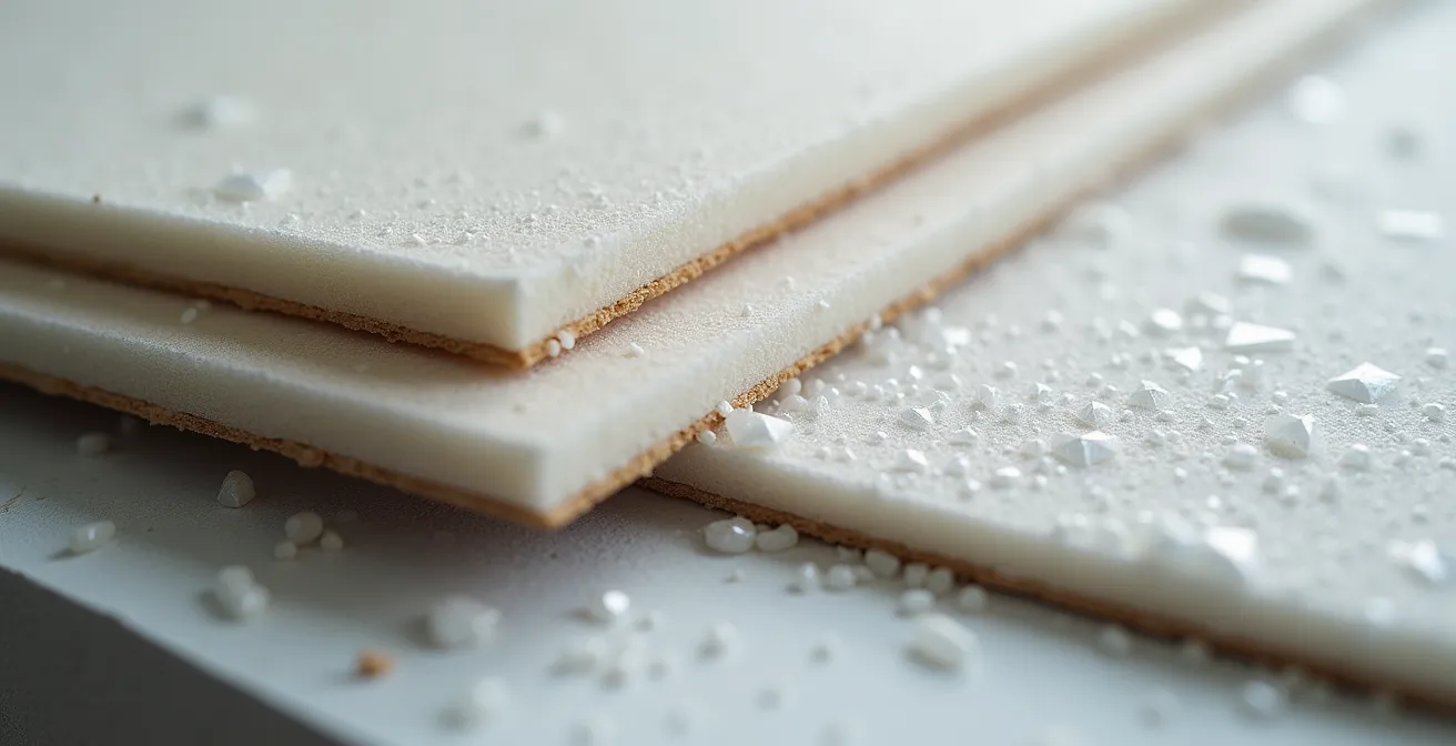 Querschnitt einer Klimakiste zeigt Schichtaufbau mit Isoliermaterial und Silicagel-Beuteln