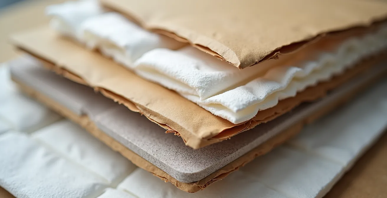 Makroaufnahme von mehrschichtigen Dämmmaterialien für Kunsttransport-Klimakisten