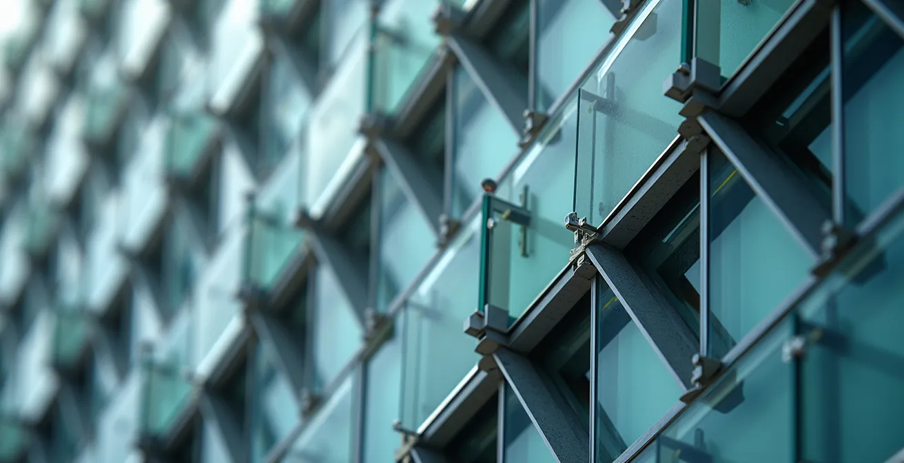 Nahaufnahme komplexer geometrischer Fassadenelemente aus Glas und Stahl