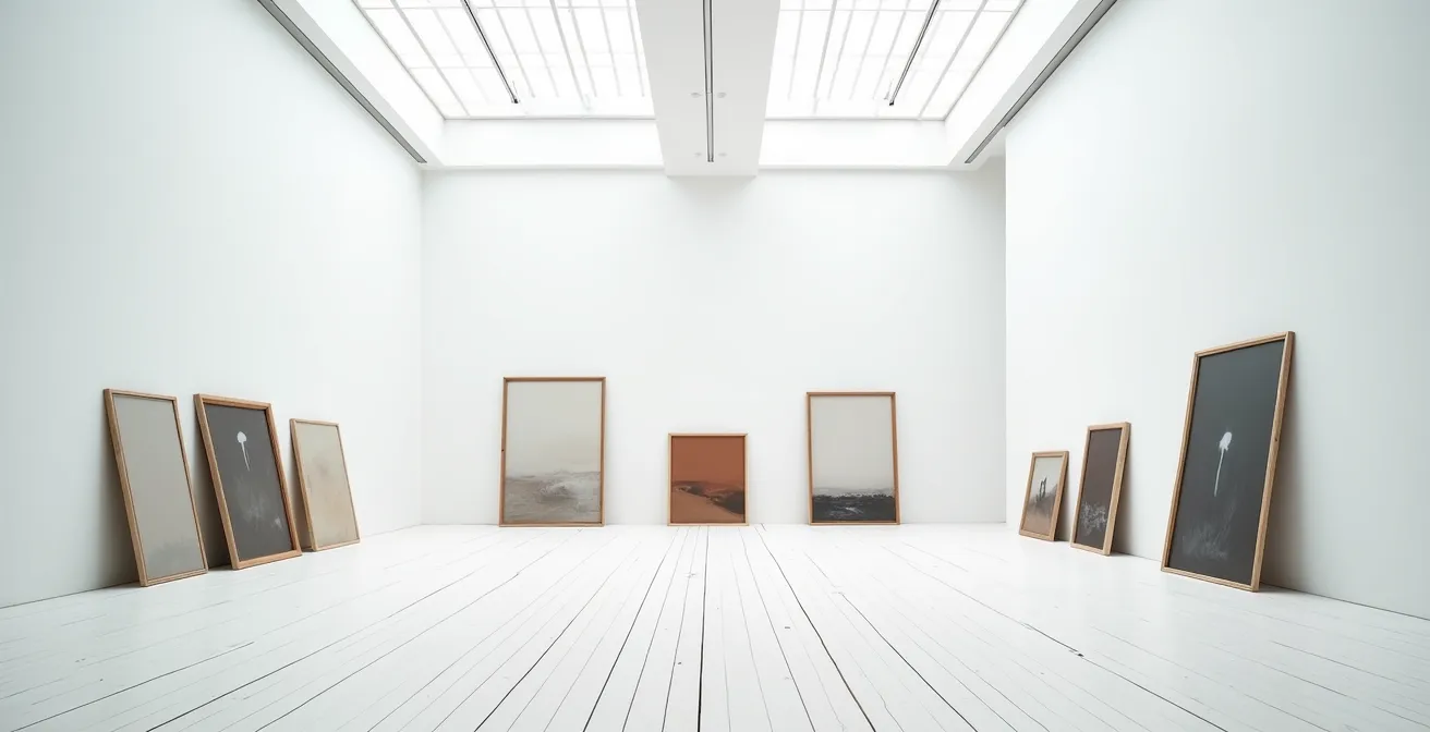 Verschiedene Kunstwerke an Wand arrangiert zeigen dramaturgischen Ausstellungsbogen