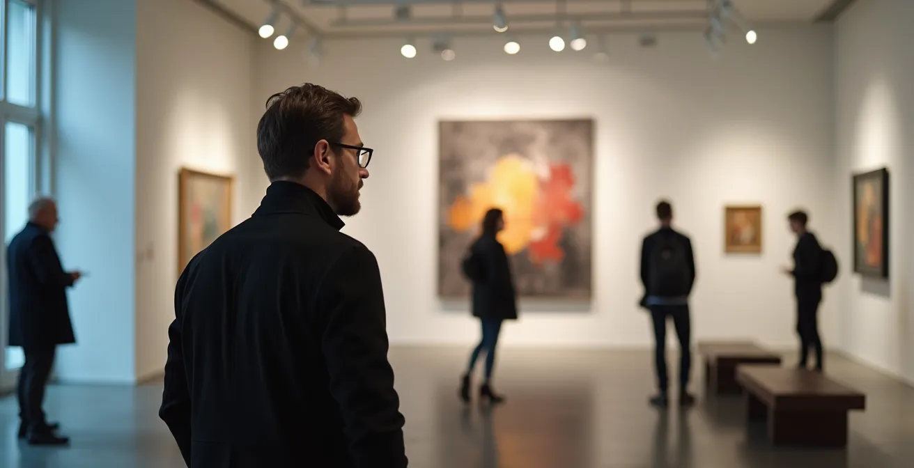 Moderne Kunstgalerie in Berlin mit verschwommenen Kunstwerken und Sammlern