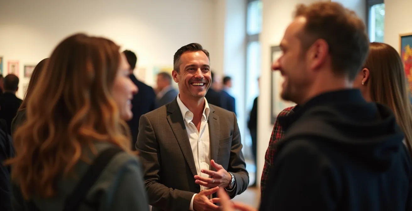 Künstler im Gespräch mit Gästen bei einer Vernissage