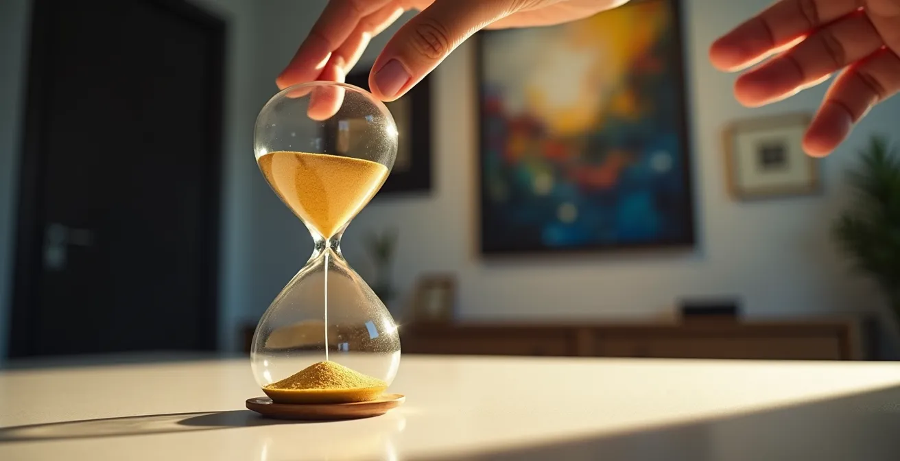 Geschäftsperson analysiert Kunstmarkt-Charts in modernem Büro mit Kunstwerk im Hintergrund