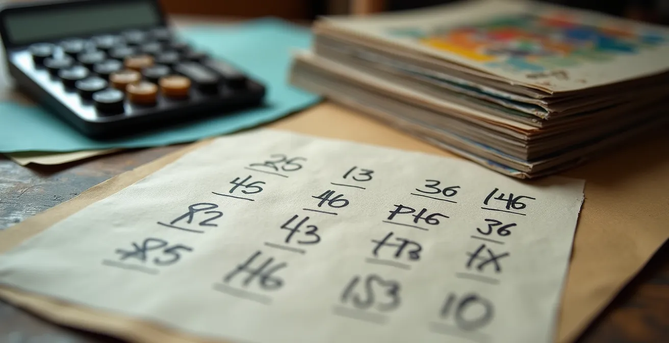 Nahaufnahme einer Hand mit Taschenrechner neben Kunstkatalogen und Preislisten