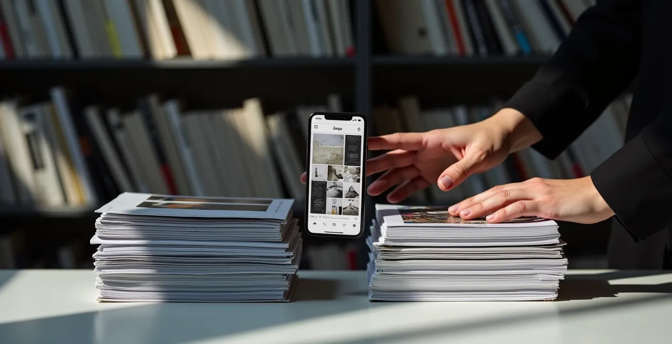 Kurator recherchiert zwischen Kunstmagazinen und Smartphone in modernem Büro