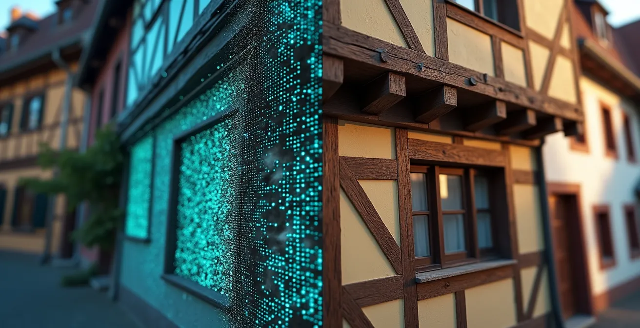 Geteilte Ansicht eines Fachwerkhauses zeigt Laserscan-Punktwolke links und photogrammetrische Textur rechts