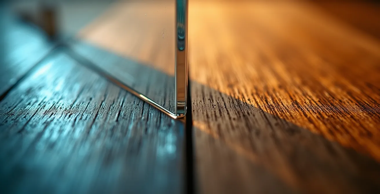 Makroaufnahme einer Holzmaserung neben einer Glasoberfläche mit Lichtreflexionen, die den Kontrast der Materialien zeigt.