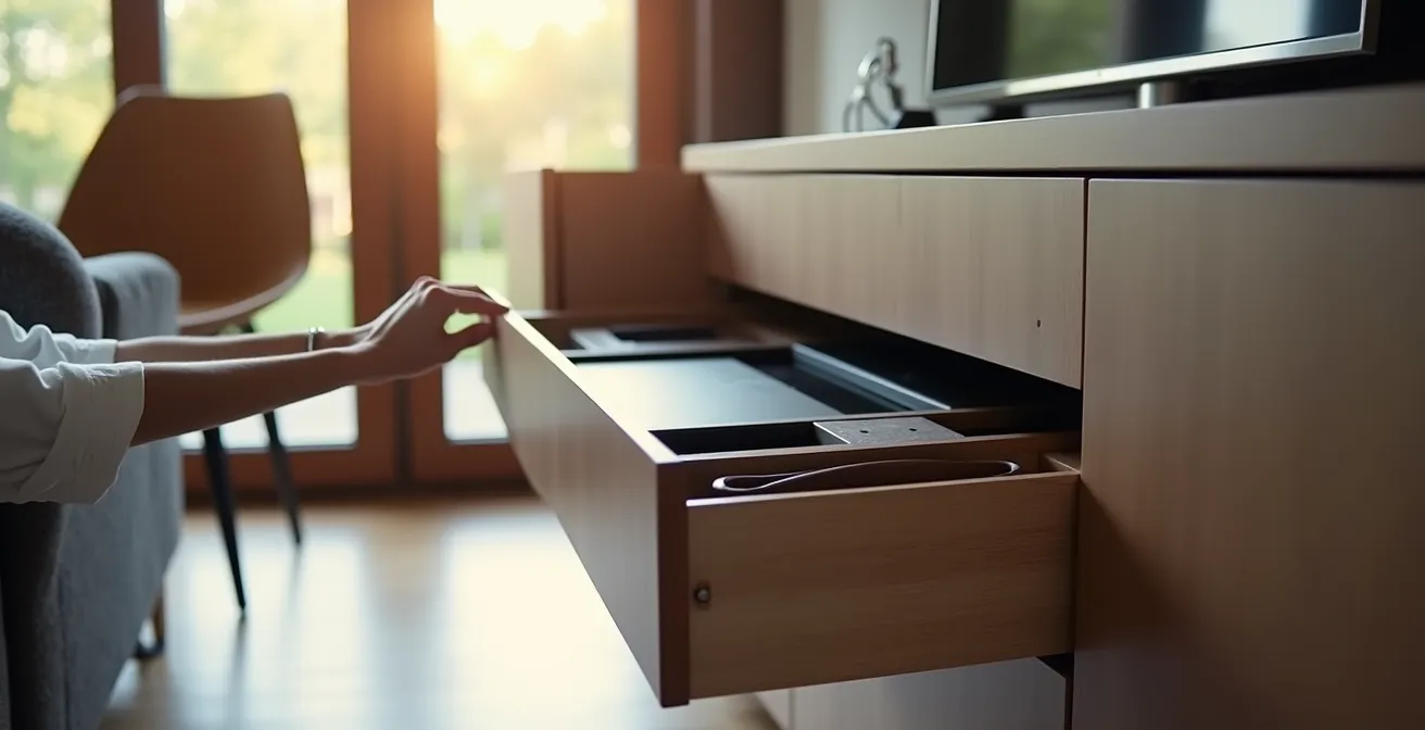 Modulares Möbelsystem mit versteckten Stauraumlösungen und integrierter Technik