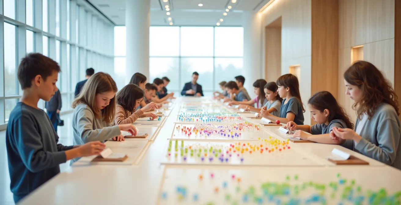 Museumsbesucher interagieren mit anonymen Abstimmungsstationen, indem sie farbige Kugeln in transparente Röhren werfen.