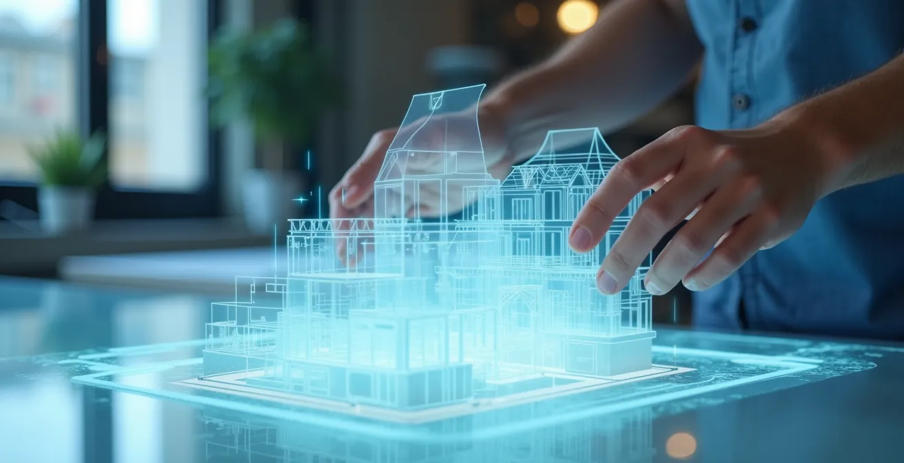 Futuristische Gebäudestruktur mit fließenden organischen Formen und geometrischen Elementen