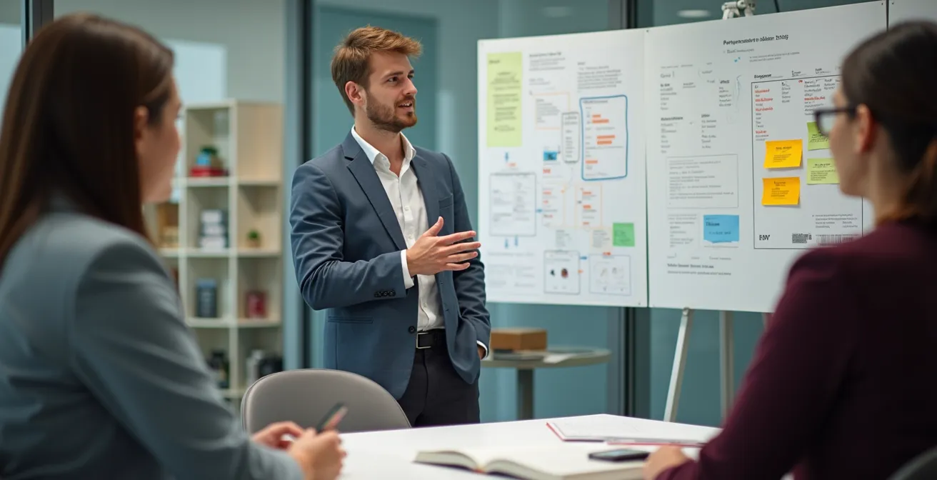 Ein Designer präsentiert sein Portfolio mit detaillierter Prozessdokumentation vor dem Team einer deutschen Agentur.