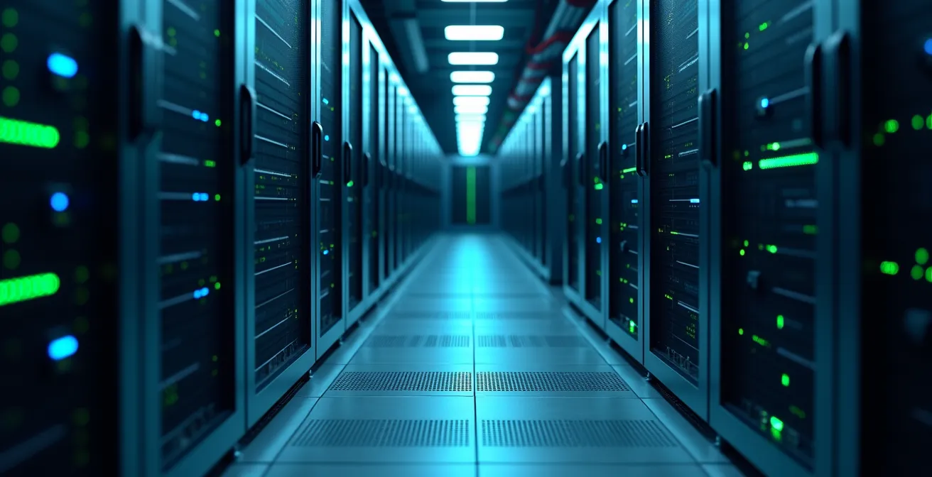 Serverraum mit professionellen Render-Nodes in Rack-Montage, die die Leistung einer Renderfarm symbolisieren