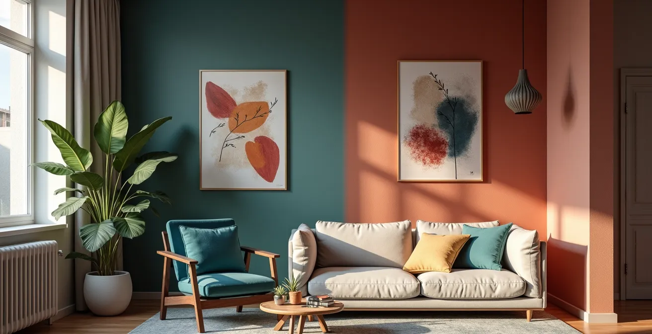 Stilvolle Akzentwand mit abnehmbarer Vliestapete in modernem Wohnzimmer