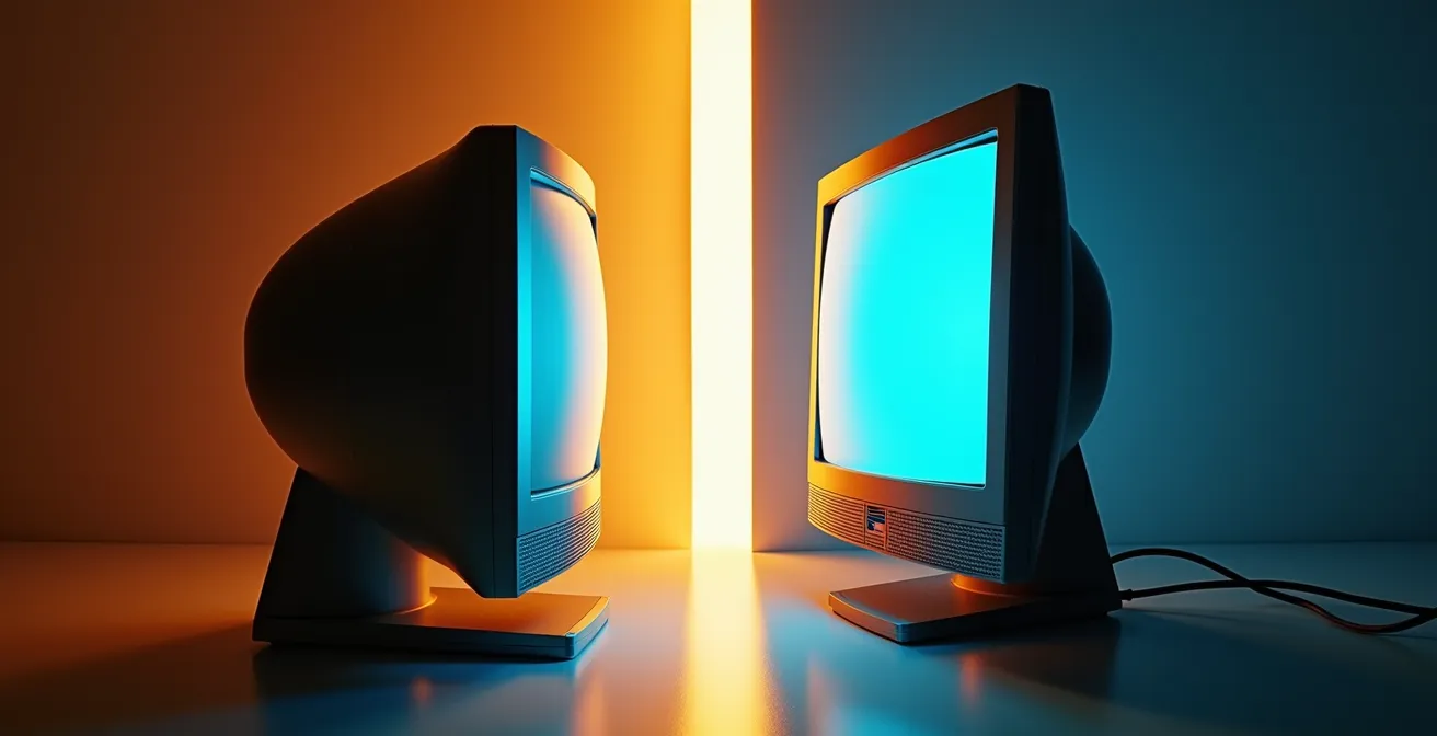 Gegenüberstellung alter Röhrenmonitor und moderner Bildschirm in Museumsraum