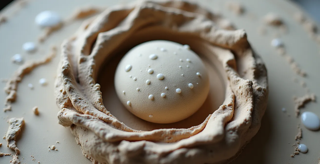 Makroaufnahme von Ton, der zwischen Gipsplatten liegt und kontrolliert trocknet, um Risse zu vermeiden.