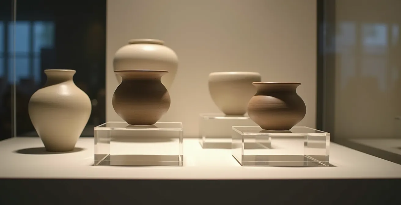 Moderne Vitrine mit professioneller Beleuchtung zeigt wertvolle Keramikobjekte