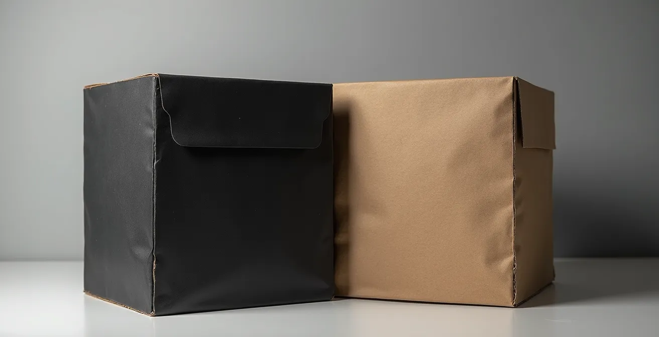 Gegenüberstellung von luxuriöser Soft-Touch-Oberfläche und rauer Recycling-Kartonage