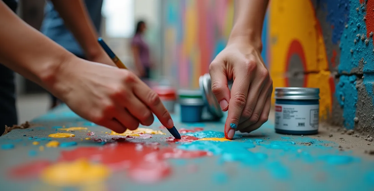 Jugendliche gestalten gemeinsam Wandkunst in urbanem Quartier mit positiver Nachbarschaftsdynamik