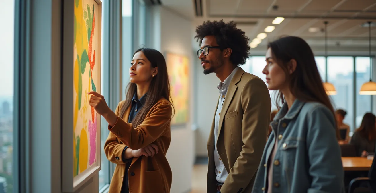 Diverse Gruppe von Kollegen betrachtet abstraktes Kunstwerk mit unterschiedlichen Reaktionen