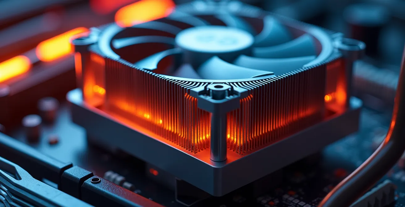 Makroaufnahme eines professionellen Kühlsystems mit Heatpipes und Lüftern in einer VFX-Workstation