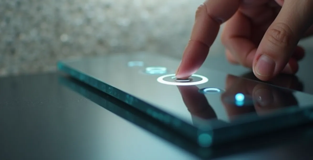 Detailaufnahme eines eleganten Touch-Glasschalters an einer modernen Wand