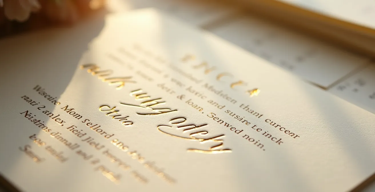 Nahaufnahme eines Schreibtischs mit Kalenderblättern und eleganten Einladungskarten